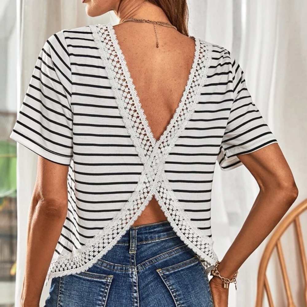 SHEIN Frenchy Striped Contrast Guipure Lace Cut Out Tee